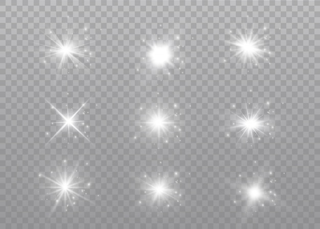La luz blanca brillante explota sobre un fondo transparente. Partículas de polvo mágico espumoso. Lucero. Sol brillante transparente, destello brillante. destellos. Para centrar un flash brillante.