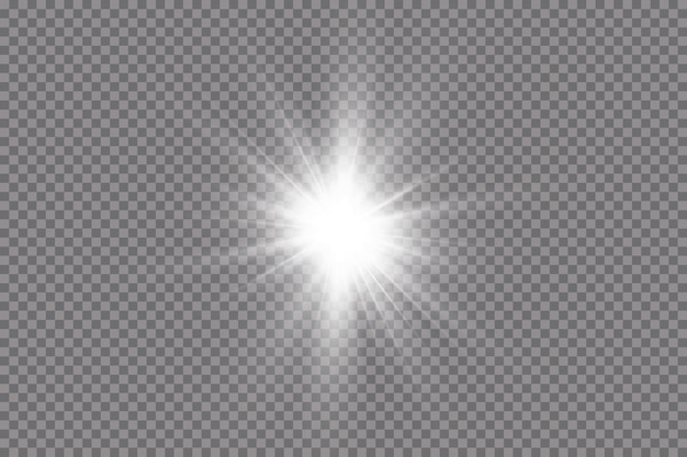 La luz blanca brillante explota sobre un fondo transparente. con rayo. Sol brillante transparente, destello brillante. El centro de un destello brillante.
