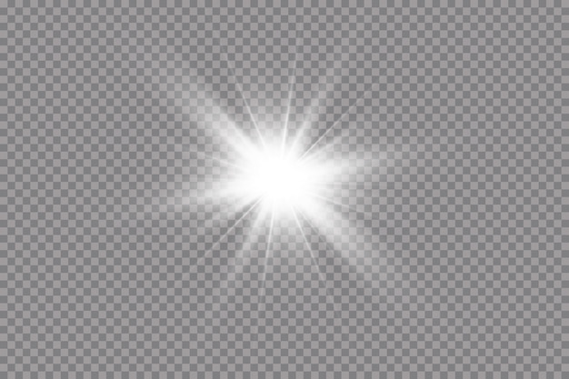 La luz blanca brillante explota sobre un fondo transparente. con rayo. Sol brillante transparente, destello brillante. El centro de un destello brillante.