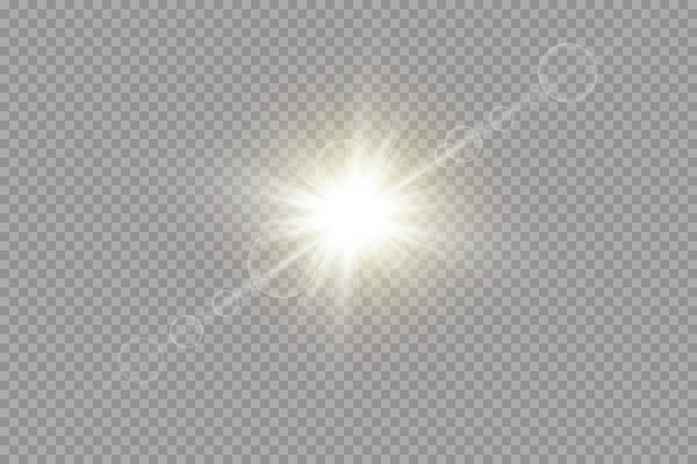 La luz blanca brillante explota sobre un fondo transparente. con rayo Sol brillante transparente, destello brillante. Efecto de luz especial de destello de lente.