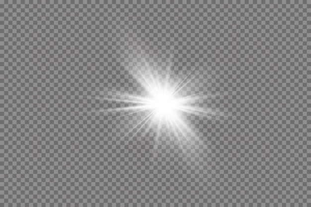 La luz blanca brillante explota sobre un fondo transparente. Sol brillante transparente, destello brillante.