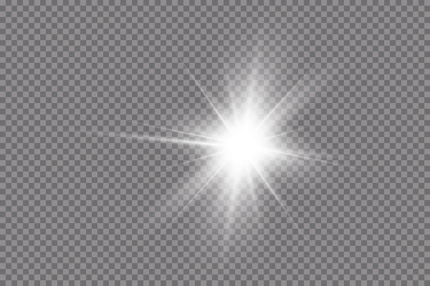 La luz blanca brillante explota sobre un fondo transparente. Sol brillante transparente, destello brillante.