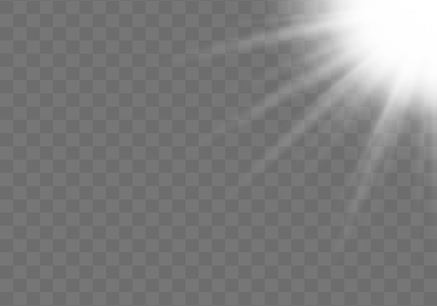 La luz blanca brillante realista explota sobre un fondo transparente. Rayos estelares horizontales y reflector. Brillo Solar. Difuminar a la luz del resplandor. ilustración para pancartas, carteles y tarjetas.