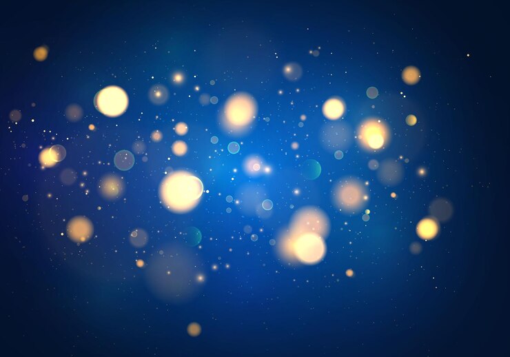 Vector luz de bokeh borrosa sobre fondo azul oscuro. brillo abstracto desenfocado estrellas parpadeantes y chispas.