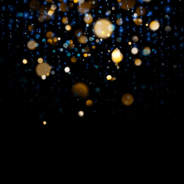 Vector luz bokeh borrosa sobre fondo azul oscuro. brillo abstracto desenfocado de estrellas parpadeantes y chispas.