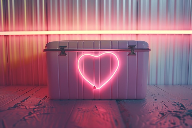 Luz de corazón de neón en fondo reflejo rosa Ilustración 3D