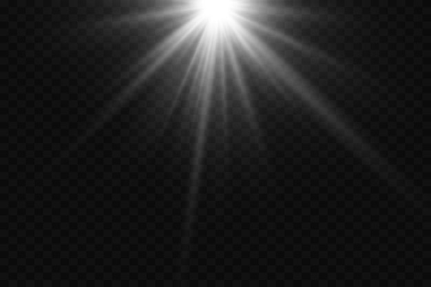 Luz con un destello de una lente especial Rayos de resplandor y luz sobre un fondo transparente