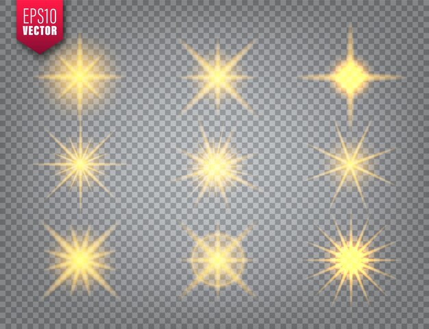 La luz dorada brillante se establece en el fondo transparente del lente efecto de llamarada brillante destello de luz solar brillante