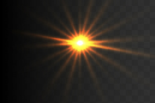 La luz dorada brillante explota. Brillantes partículas de polvo mágico. Lucero. Sol brillante transparente, destello brillante. Vector destellos.
