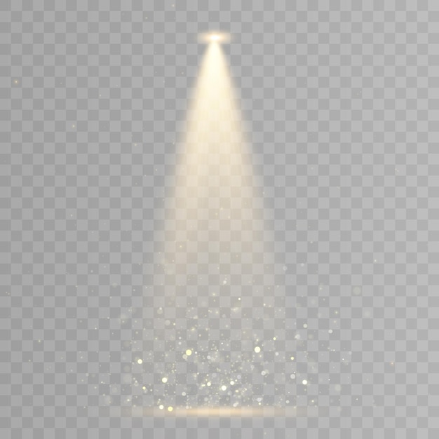 Luz de escenario y brillo dorado con el efecto de rayos dorados y polvo brillante que cae Vector