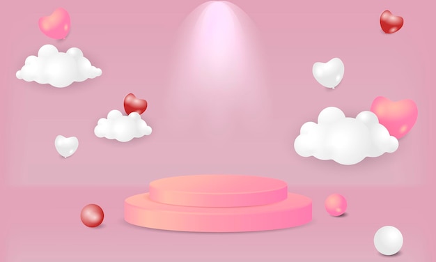 Luz de fondo de pared de nube de globos de corazón y podio 3D realista simple