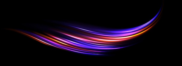 La luz de neón brillante salpicaduras de fondo naranja rosa púrpura línea de velocidad flujo mágico giratorio curvo luminoso
