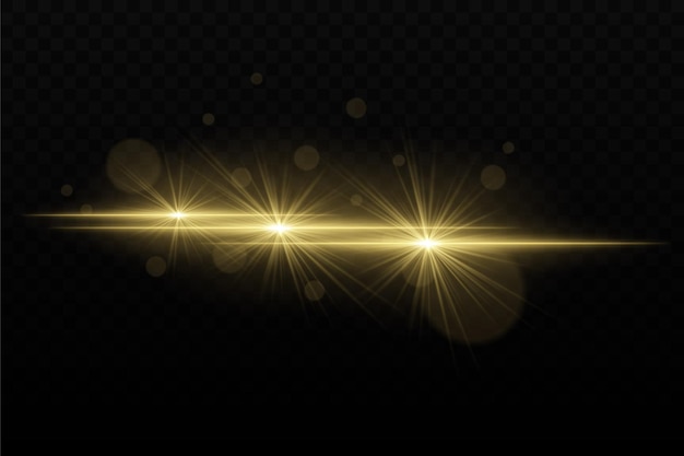 Luz de neón dorada brillante con efectos de deslumbramiento y destello de la lente Tres haces de luz enfocados con brillo radiante y partículas bokeh en un fondo oscuro