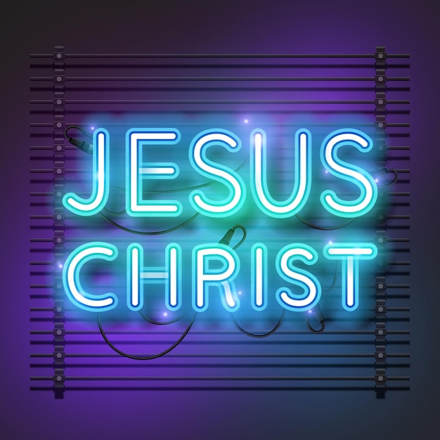 Luz de neón de Jesucristo. Letrero de neón de Jesucristo. Neón de Jesucristo. Neón azul de Jesucristo. Luz de neón de Jesucristo.