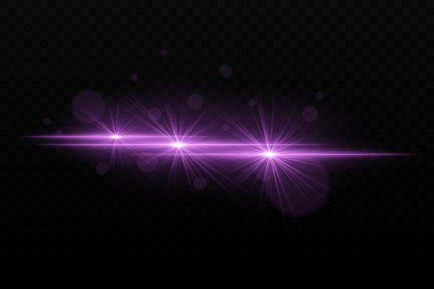 Luz de neón púrpura brillante con efectos de deslumbramiento y destello de la lente Tres haces de luz enfocados con brillo radiante y partículas bokeh en un fondo oscuro