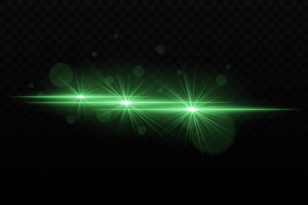 Luz de neón verde brillante con efectos de deslumbramiento y destello de la lente Tres haces de luz enfocados con brillo radiante y partículas bokeh en un fondo oscuro