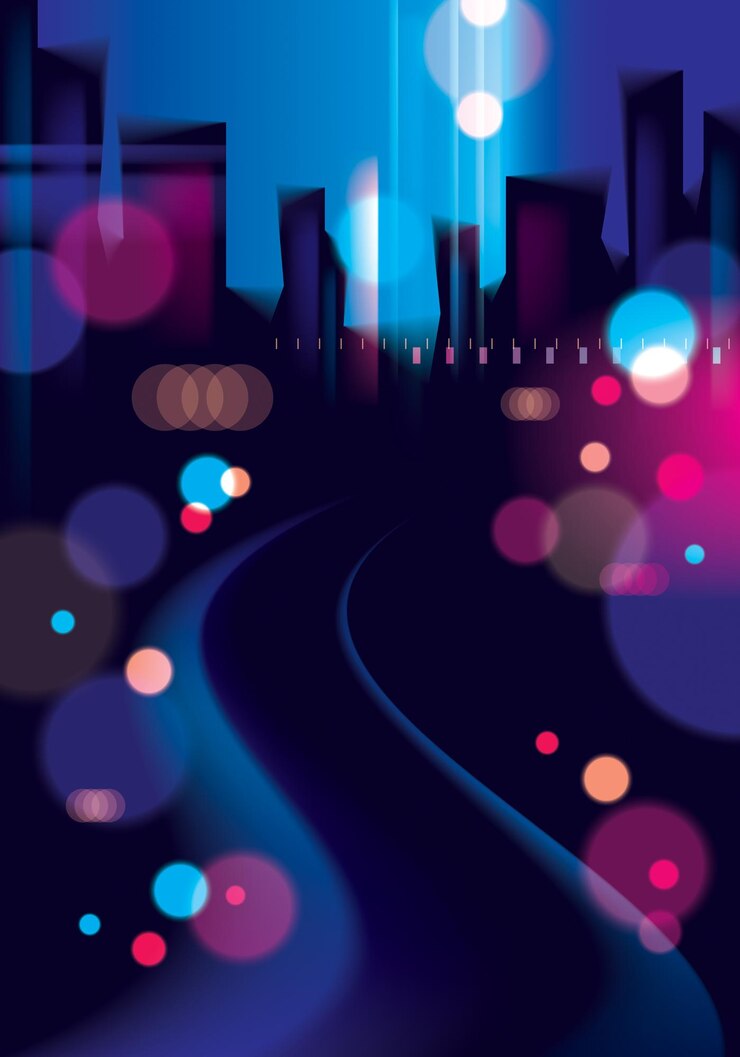 Vector la luz de la noche en la ciudad, bokeh fondo abstracto luces borrosas. efecto vector hermoso fondo. desdibujar colorido fondo oscuro con paisaje urbano, edificios siluetas horizonte.