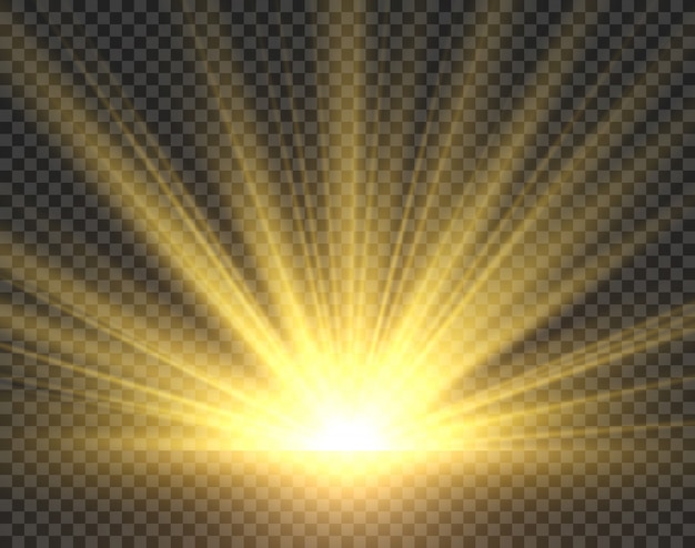 La luz del sol aislado. El sol dorado irradia resplandor. Ilustración de vector de reflector brillante amarillo sol brillante starburst
