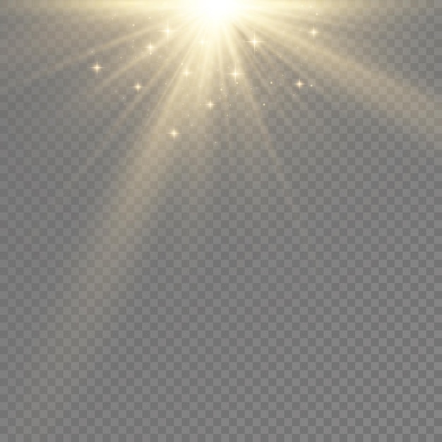 La luz del sol con efecto de destello de explosión brillante con rayos de luz dorada magia brilla sol rayo amarillo