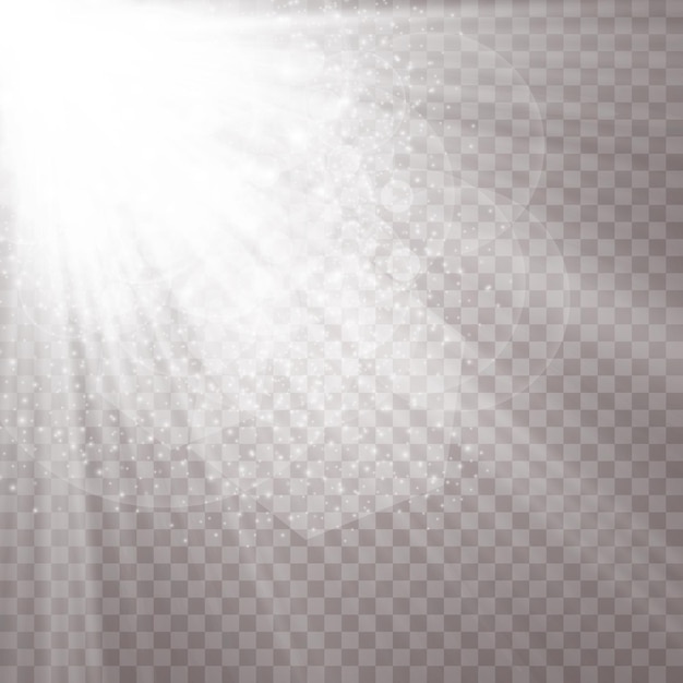 Vector la luz del sol sobre un fondo transparente efectos de luz resplandeciente lentejuelas con destellos de estrellas resplandor del sol sobre un fondo transparente la lente brilla