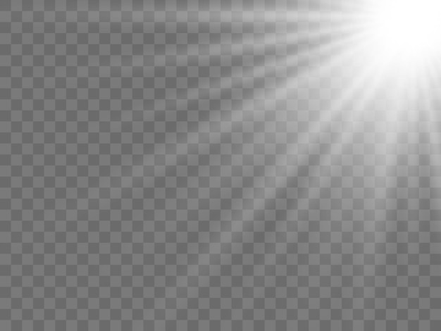 La luz del sol sobre un fondo transparente. Rayos de luz blancos aislados. Ilustración vectorial