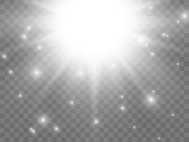 Luz del sol sobre un fondo transparente. Rayos de luz blancos aislados. ilustración vectorial