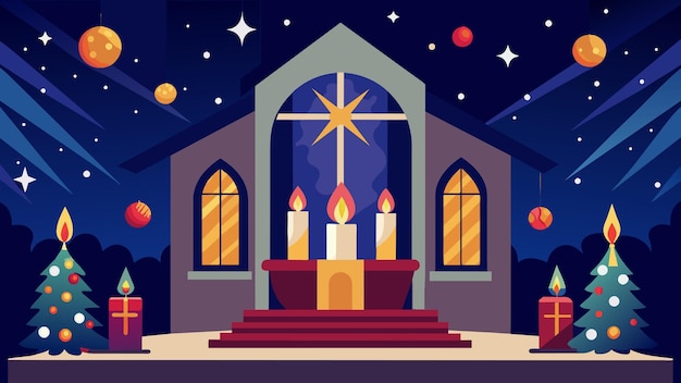 Vector la luz de las velas arroja un suave resplandor en las hermosas decoraciones navideñas alrededor de la iglesia trayendo un