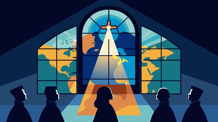 Vector la luz de una vidriera cae sobre el mapa añadiendo a la atmósfera solemne y sagrada como