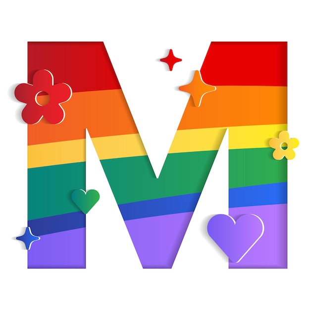 M Alfabeto Carácter Fuente Letra Orgullo Mes LGBTQ Arco iris 3D Papel Recorte Tarjeta Vector Ilustración