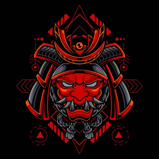 MÁSCARA ONI DE SAMURAI JAPONÉS CALAVERA RONIN CON LOGOTIPO DE GEOMETRÍA SAGRADA ILUSTRACIÓN