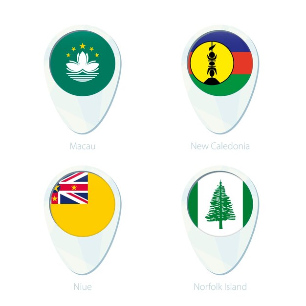 Macao Nueva Caledonia Niue Isla de Norfolk bandera mapa de ubicación icono del alfiler