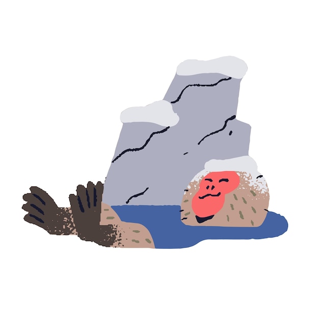 Macaque japonés descansando en aguas termales Macaque asiático nadando en el estanque Macaque de nieve lindo se calienta en el agua en invierno Primate feliz animal gracioso Ilustración vectorial aislada plana en fondo blanco