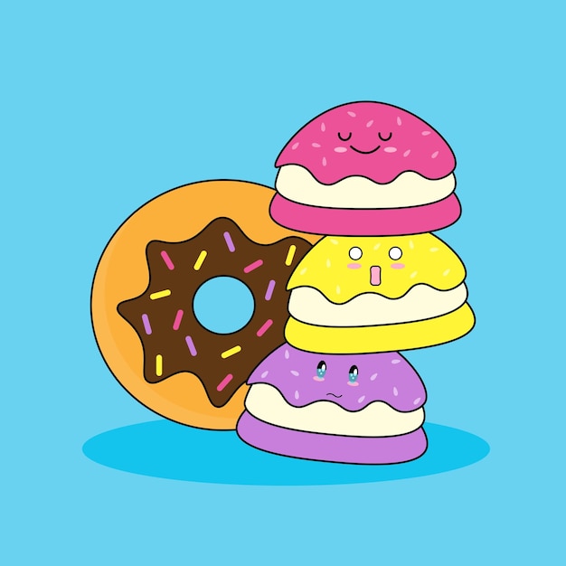 Vector macaron y donut aislado sobre fondo azul.