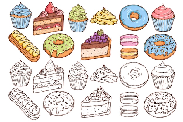 Macaron y pastel de queso merengue eclair pastel de copa rosquilla con glaseado postre vectorial para colorear