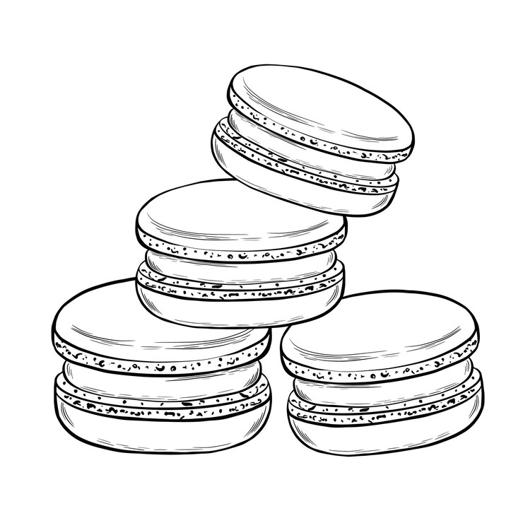 Vector macarones dispuestos en estilo gráfico impresión universal para sus notas culinarias tarjetas de recetas libro de cocina textil ilustración vectorial dibujada a mano en un estilo minimalista simple
