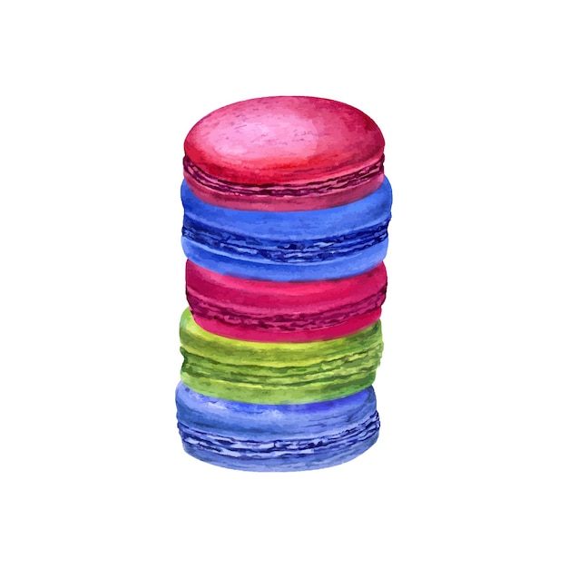 Macarones franceses tradicionales galletas de almendras coloridas pastel de macarrón postre dulce azul verde y rojo ilustración en acuarela para el menú del paquete receta etiqueta de vacaciones