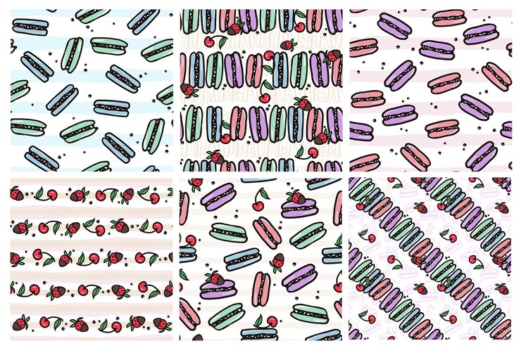 Vector macarones y frutas con patrón sin costuras con comida dulce del desierto dibujado a mano colorido pastel de ilustración vectorial de fondo para diseño de superficie libro de recortes de tela textil o papel tapiz