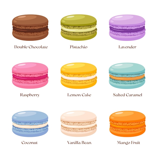 Vector macarones de postre con diferentes sabores