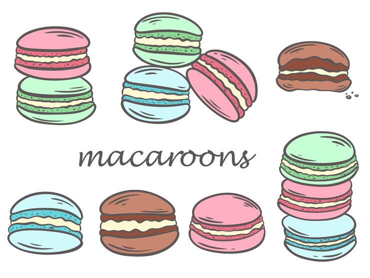 Vector macarones tradicionales de pastelería francesa con galletas redondas de almendras multicolores con grabado a mano de mermelada