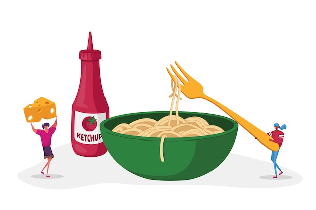 Macarrones Cocina Italiana Comida Saludable Personajes Pequeños Comiendo Pasta Espagueti
