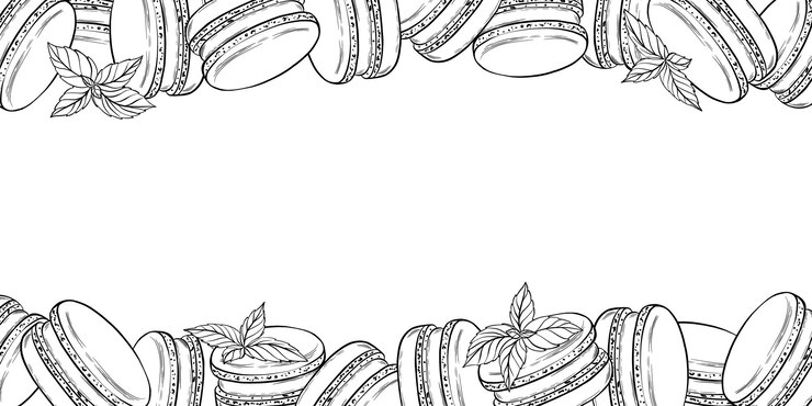 Vector macarrones con hojas de menta en estilo gráfico fondo universal para sus notas culinarias tarjetas de recetas libro de cocina textil borde vectorial dibujado a mano en un estilo minimalista simple