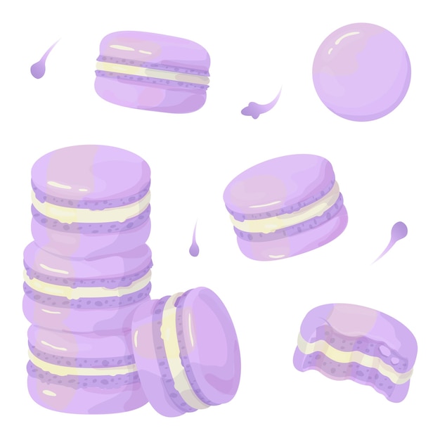 Vector macarrones de lavanda. pastel de almendras con relleno de crema. postre de macarons franceses acuarela.