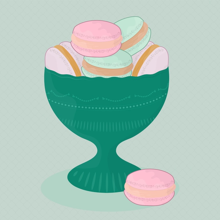 Vector macarrones o galletas de colores en una ilustración de vidrio