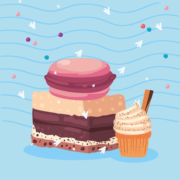 Vector macarrones en pastel y cupcake