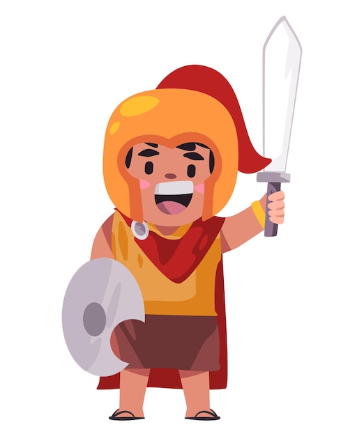 Vector macedonio esparta guerrero armado gladiador niño niños con armadura sosteniendo espada y escudo