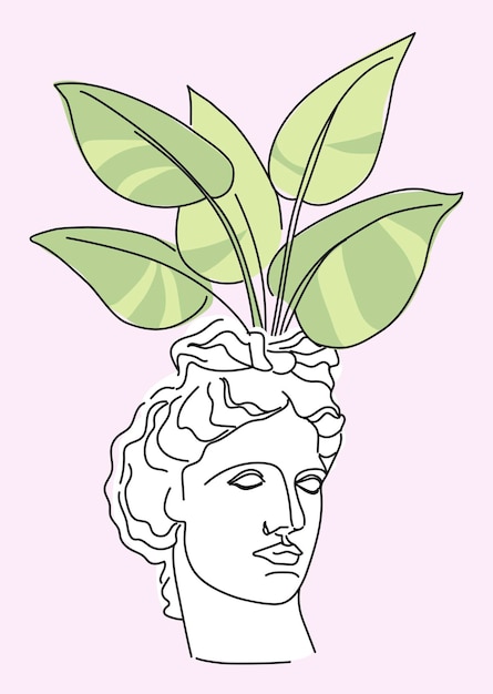 Maceta en forma de cabeza antigua de una estatua con una planta de interior Ilustración vectorial