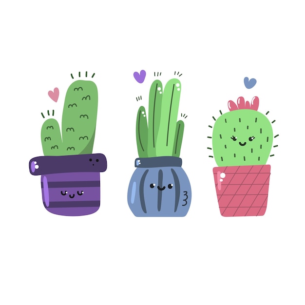 Vector macetas lindas con cactus plantas de interior caras divertidas concepto kawaii ilustración vectorial plana