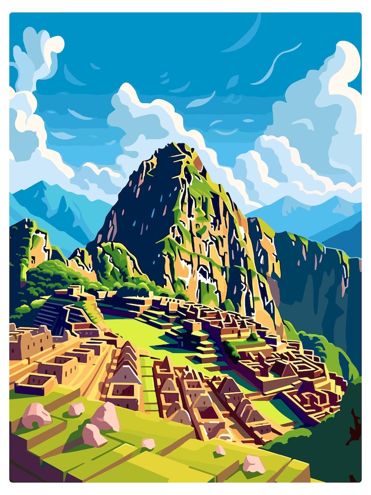 Vector machu picchu perú cartel de viaje vintage recuerdo cartel postal pintura de retrato ilustración de wpa