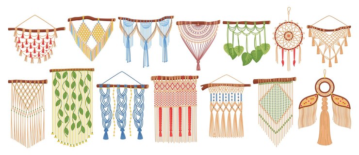 Vector macrame colgando en la pared boho decoración de punto hecha a mano decoraciones para el hogar escandinava interior acogedor rústico nudos y borlas hechos de cuerdas textiles catch de sueños conjunto vectorial reciente
