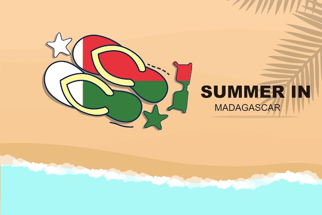 Madagascar vacaciones de verano vector banner vacaciones en la playa chanclas gafas de sol estrellas de mar en la arena